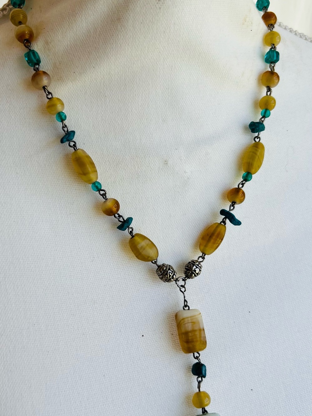 Handcrafted Yellow and Teal Beaded Y-Necklace